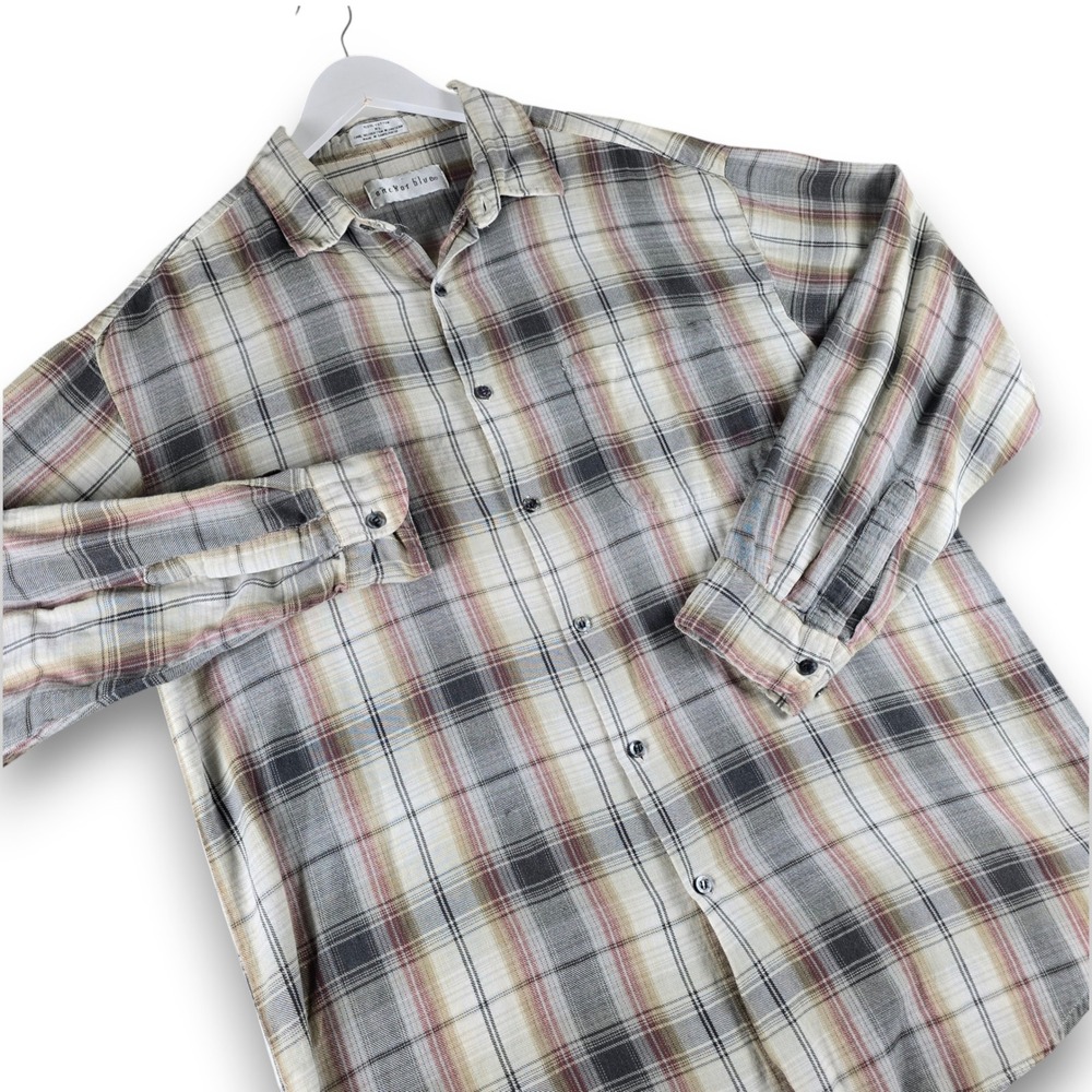 Anchor Blue Vintage Plaid Shirt Mens XL Grey Tan Cotton Long Sleeve Button Up